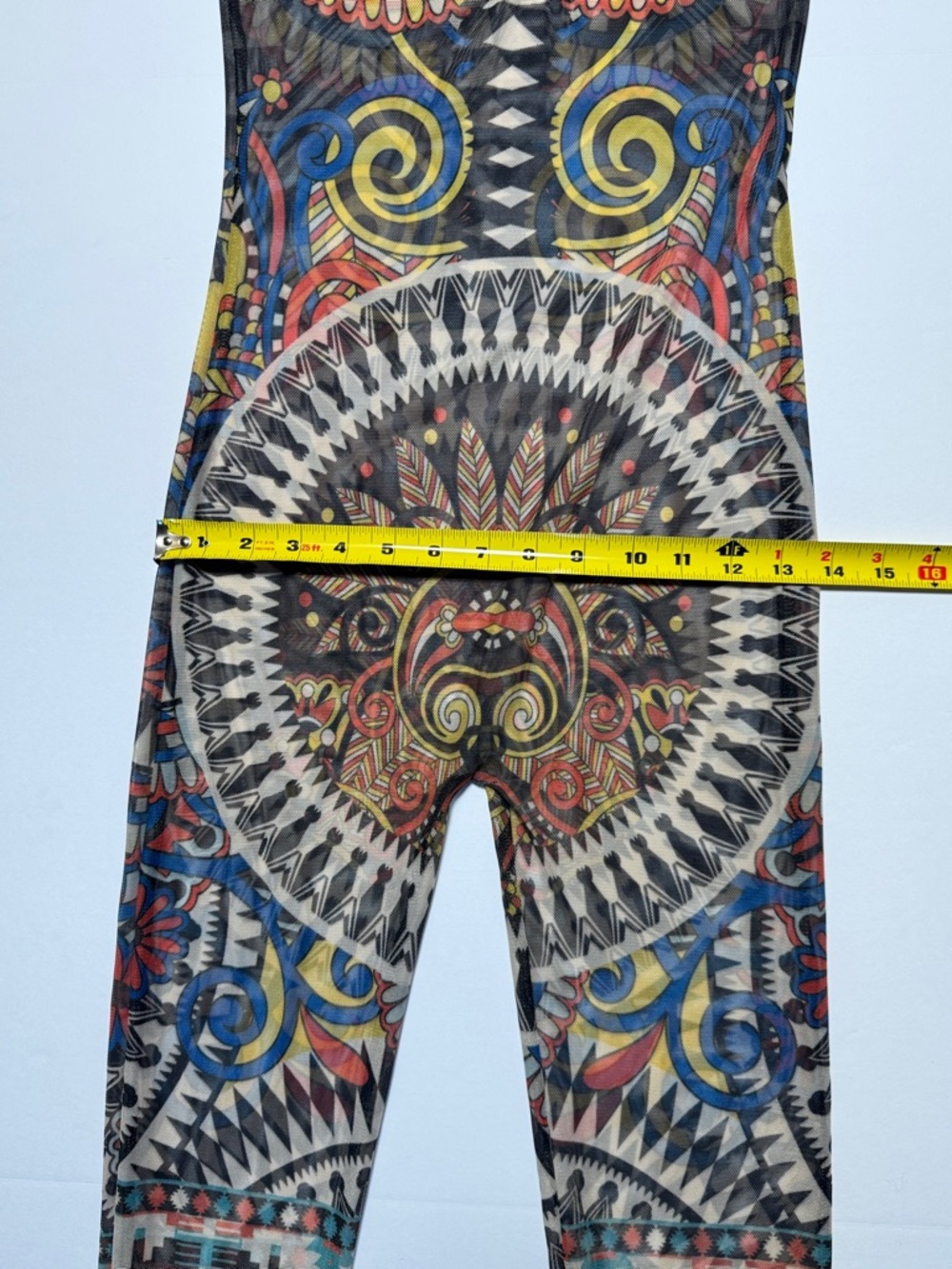 VINTAGE 90's Kaleidoscope Tribal Print Mesh Sheer Stretch Jumpsuit Cat Suit M - Picture 16 of 16